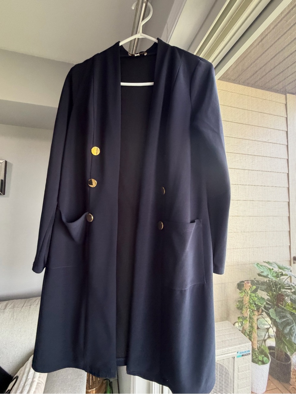 Navy Long Open Cardigan with Gold Buttons